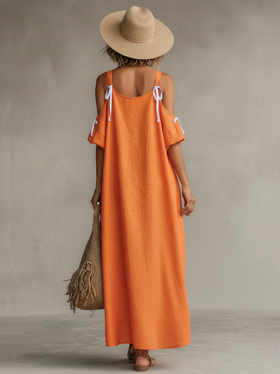 Robe en lin Tamer avec épaule dénudée et jupe asymétrique, robe bohème intemporelle MDZ0337C4I