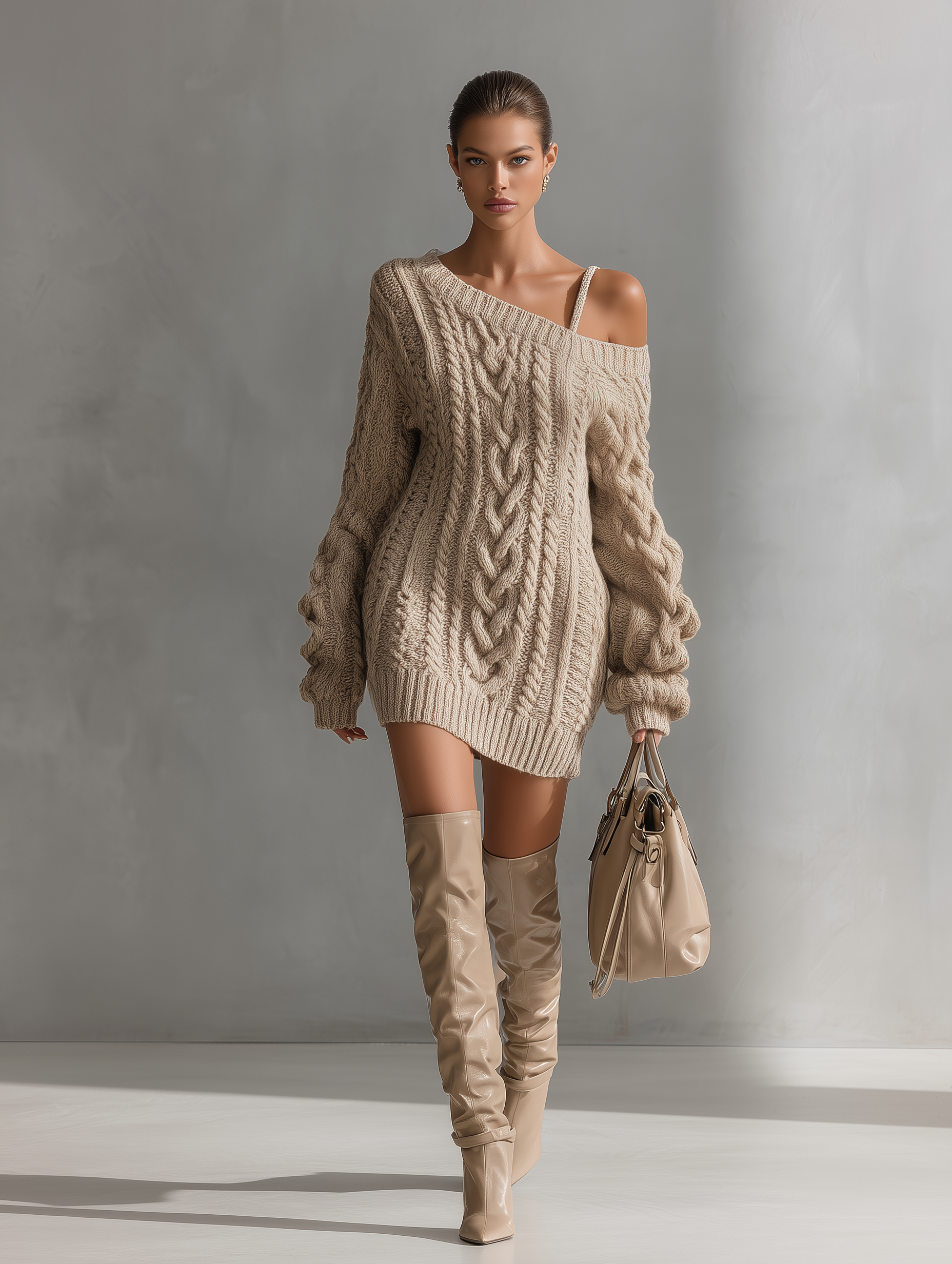Robe mini tendance pour femmes en couleur beige avec tricot en câble MDA1314J6T