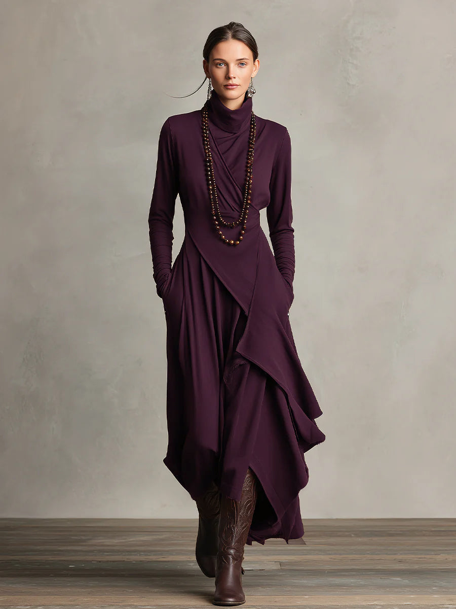 Robe maxi en velours violet pour femmes avec col montant, asymétrique et stylée MDA2055J9I