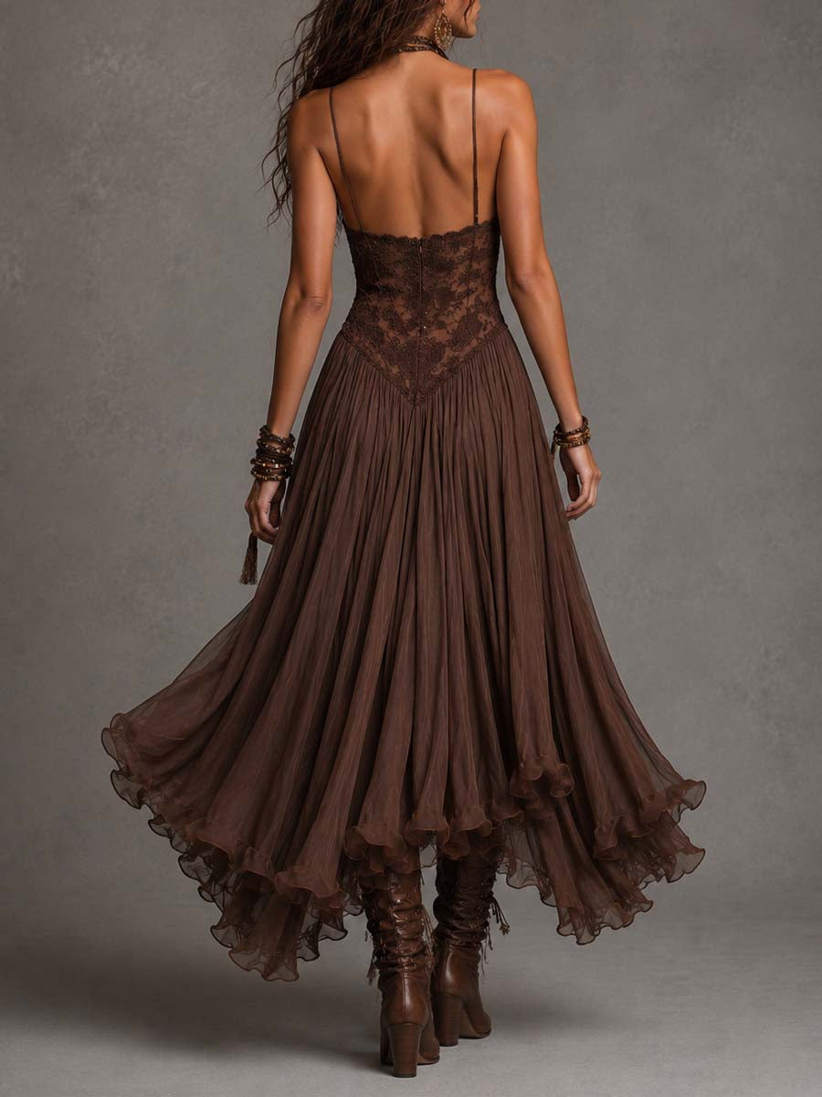 Robes maxi en chiffon avec des panneaux en dentelle de couleur marron foncé