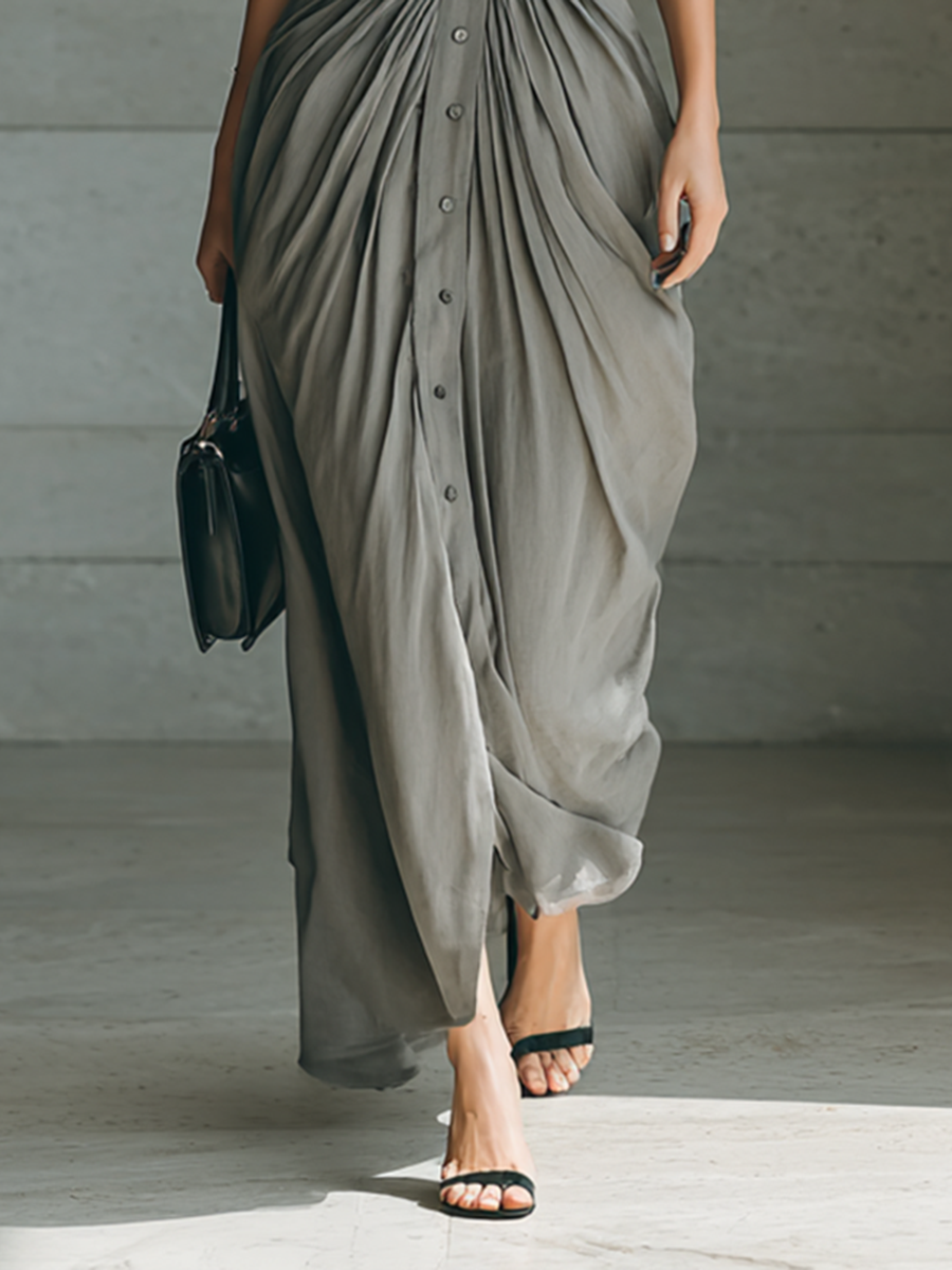 Robe maxi avec col en V et manches longues pour femmes MDA1758G1Y