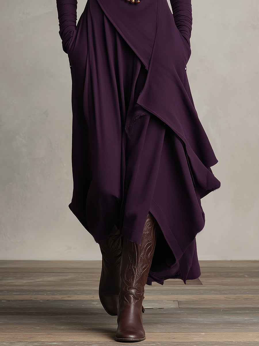 Robe maxi en velours violet pour femmes avec col montant, asymétrique et stylée MDA2055J9I