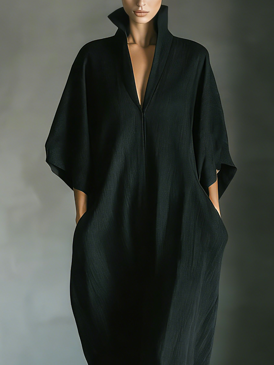 Robe maxi à manches kimono larges pour femmes en coton noir avec poches MDZ0577A3T