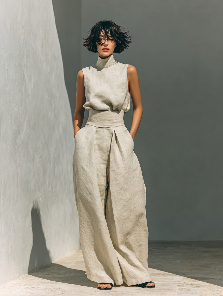 Ensemble de haut sans manches en coton et lin avec un pantalon large MDZ0873A5Y