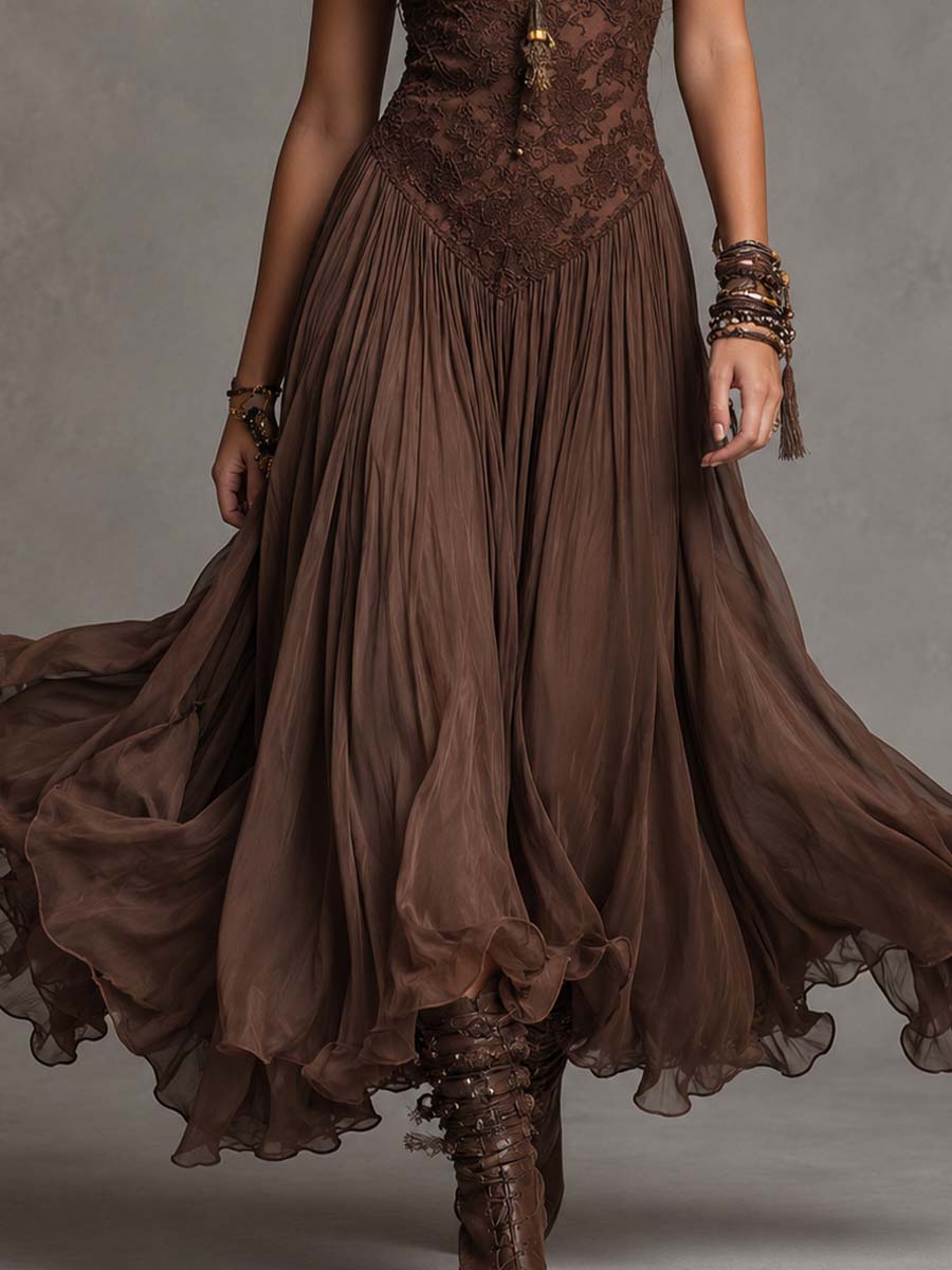 Robes maxi en chiffon avec des panneaux en dentelle de couleur marron foncé