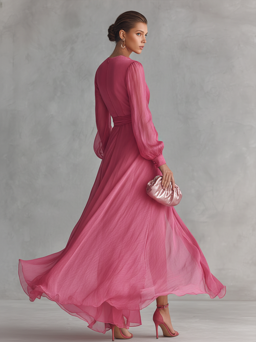Robes longues pour femmes élégantes en chiffon rose perle avec décolleté en V et ceinture à la taille
