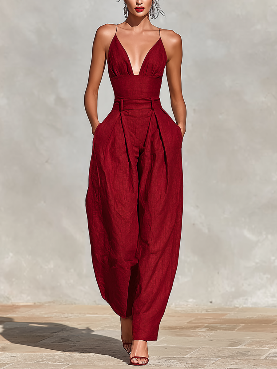Ensemble en lin rouge pour femmes avec bretelles spaghetti et shorts taille haute, style romantique-éternel élégant MDZ1915C8I