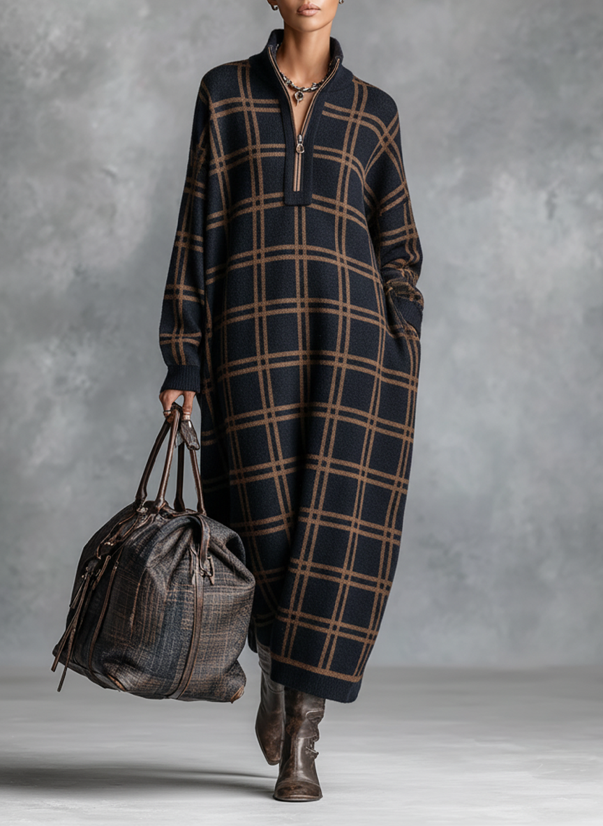Robe maxi tricotée avec col zippé en noir et blanc pour femmes MDA1505J9Y