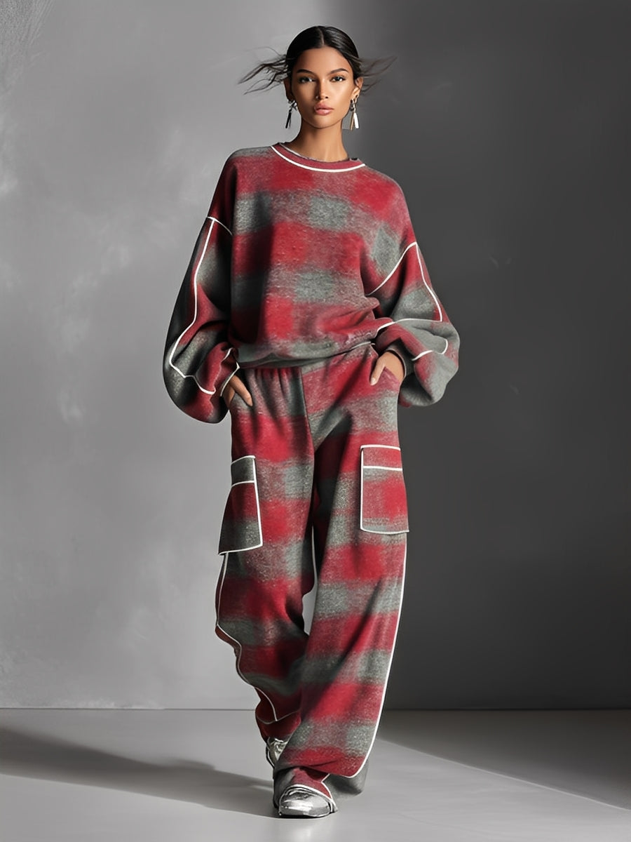 Ensemble de pantalons avec passepoil coloré style urbain pour femmes, en rouge et gris avec du lin MDA1065K4I