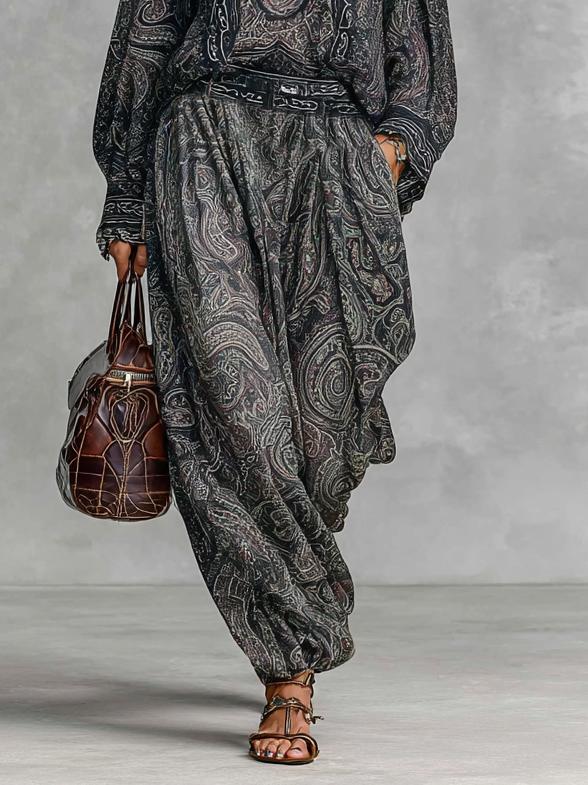 Ensemble chemise et pantalon avec col montant, manches longues et motif paisley vintage pour femmes MDA2558G3Y