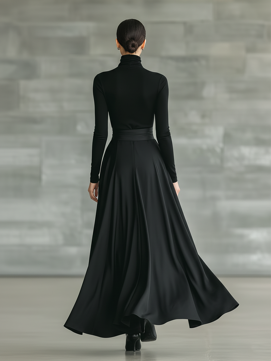 Robe maxi noire pour femmes avec col haut, stretch, tricotée et satin MDA2851J4T