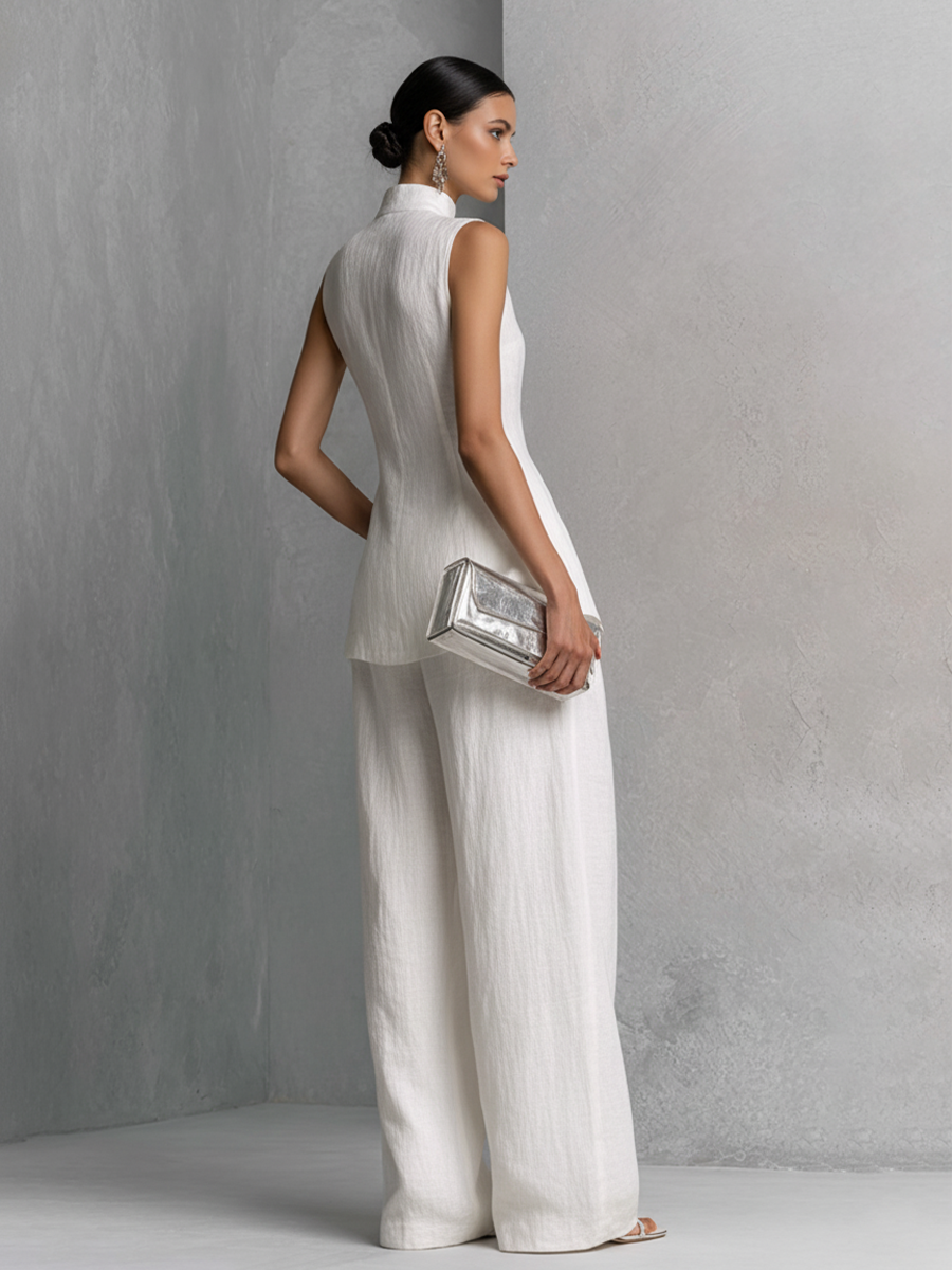 Ensemble top sans manches au look élégant en coton et lin blanc avec pantalon large MDZ0221B1BA