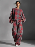 Ensemble de pantalons avec passepoil coloré style urbain pour femmes, en rouge et gris avec du lin MDA1065K4I