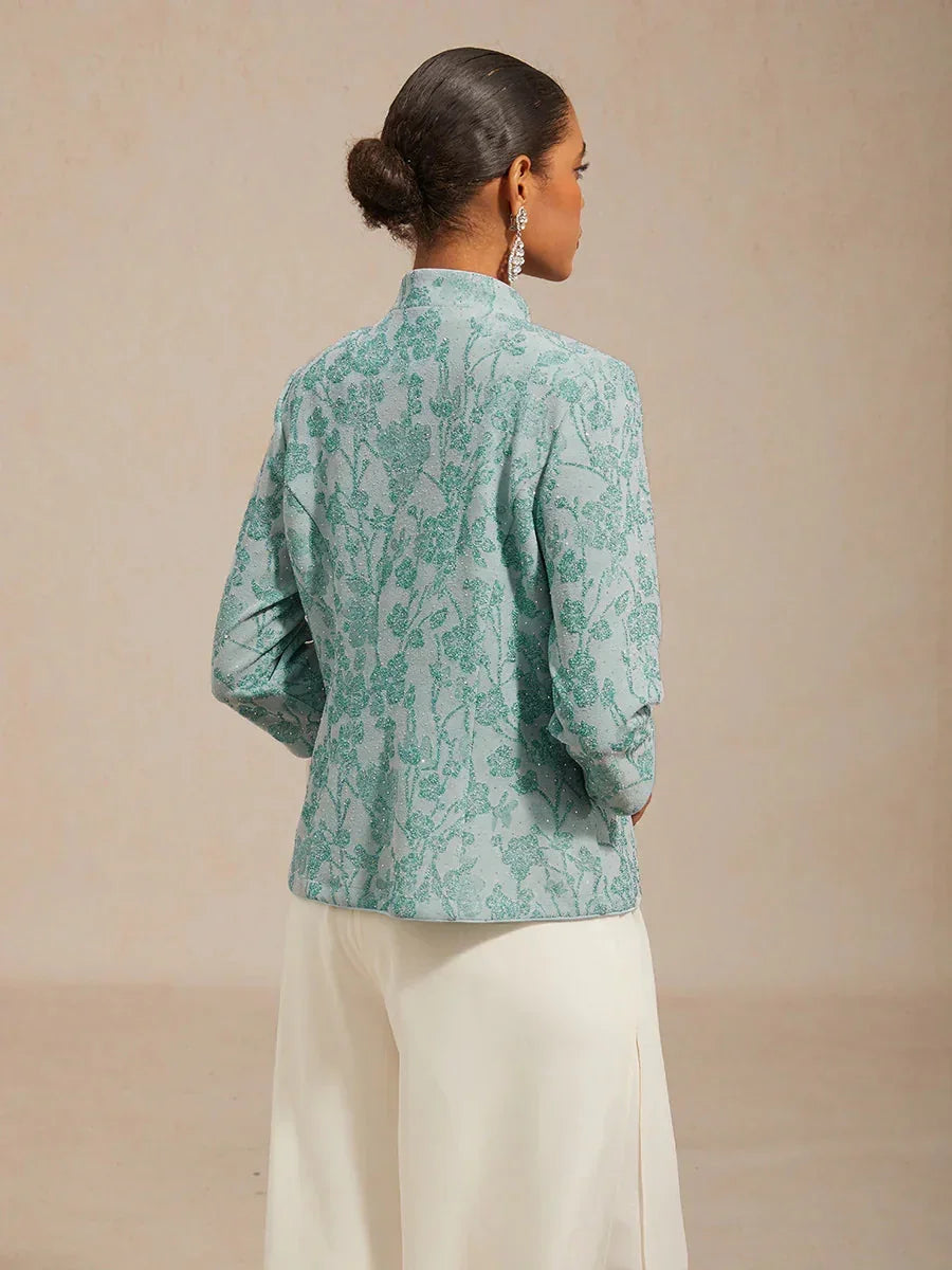 Twinset avec col mandarine et motif zèbre orné de diamants