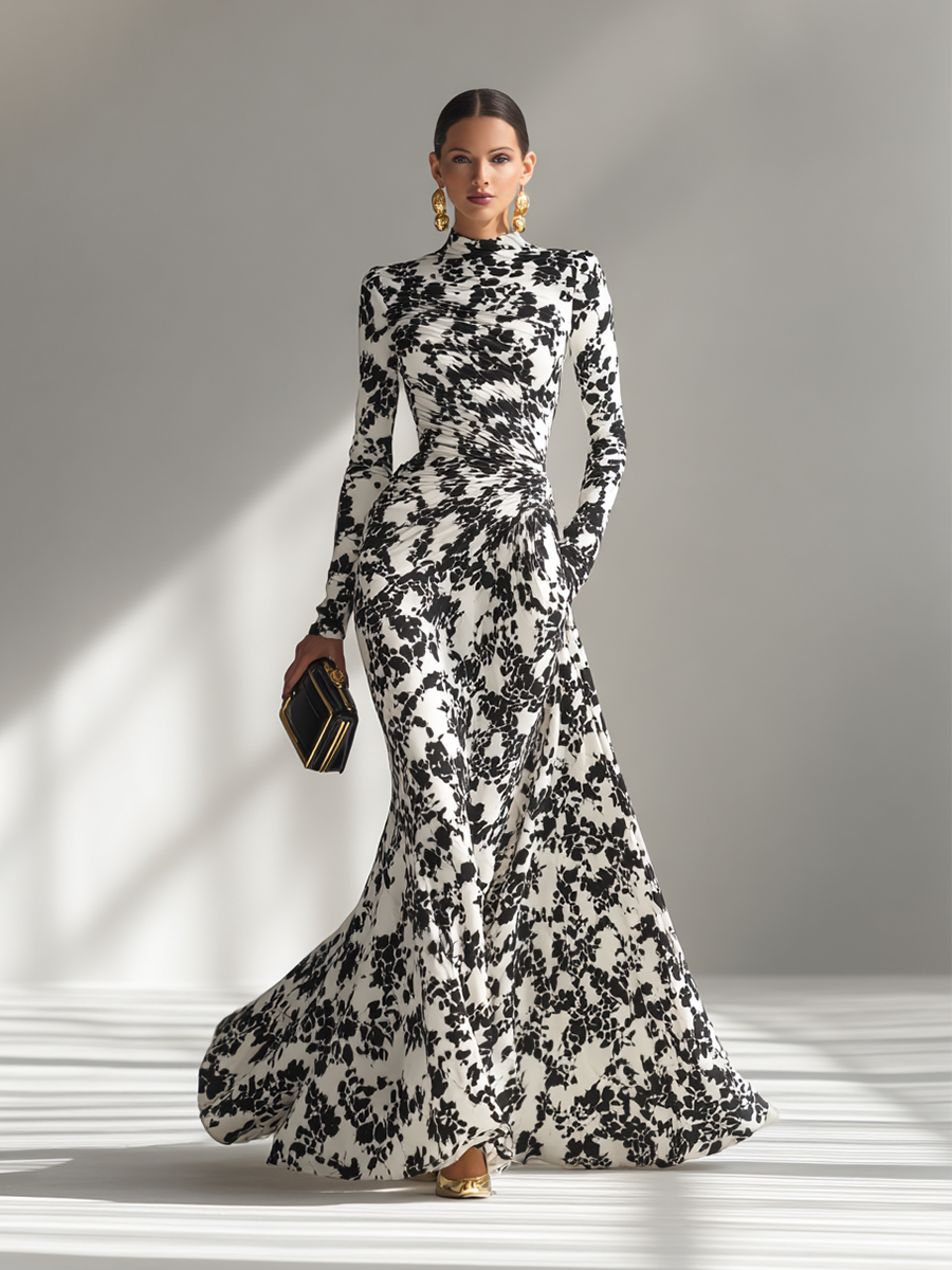 Robe maxi pour femmes avec col haut à fleurs, noir et blanc MDA1295K1AP