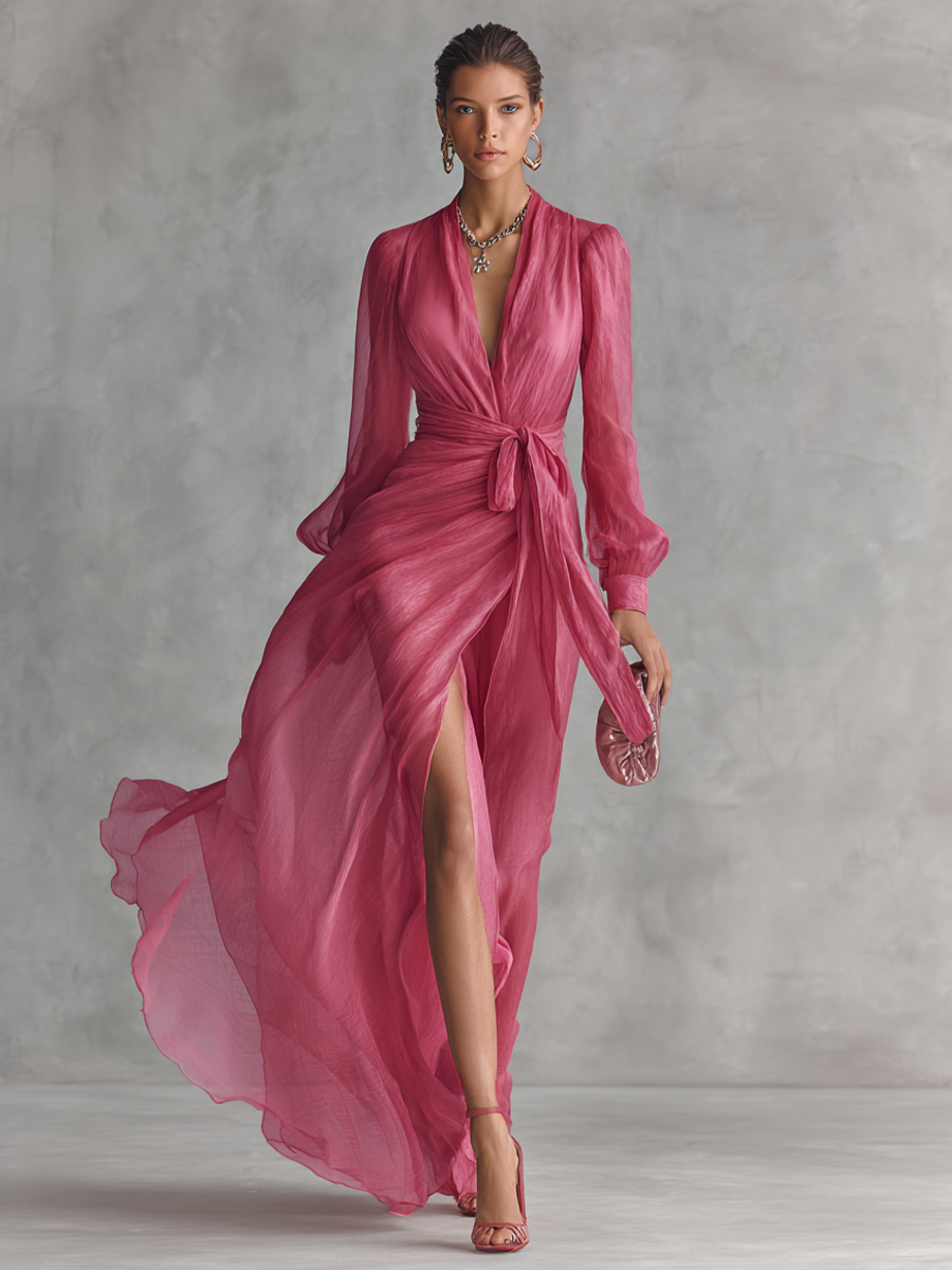 Robes longues pour femmes élégantes en chiffon rose perle avec décolleté en V et ceinture à la taille