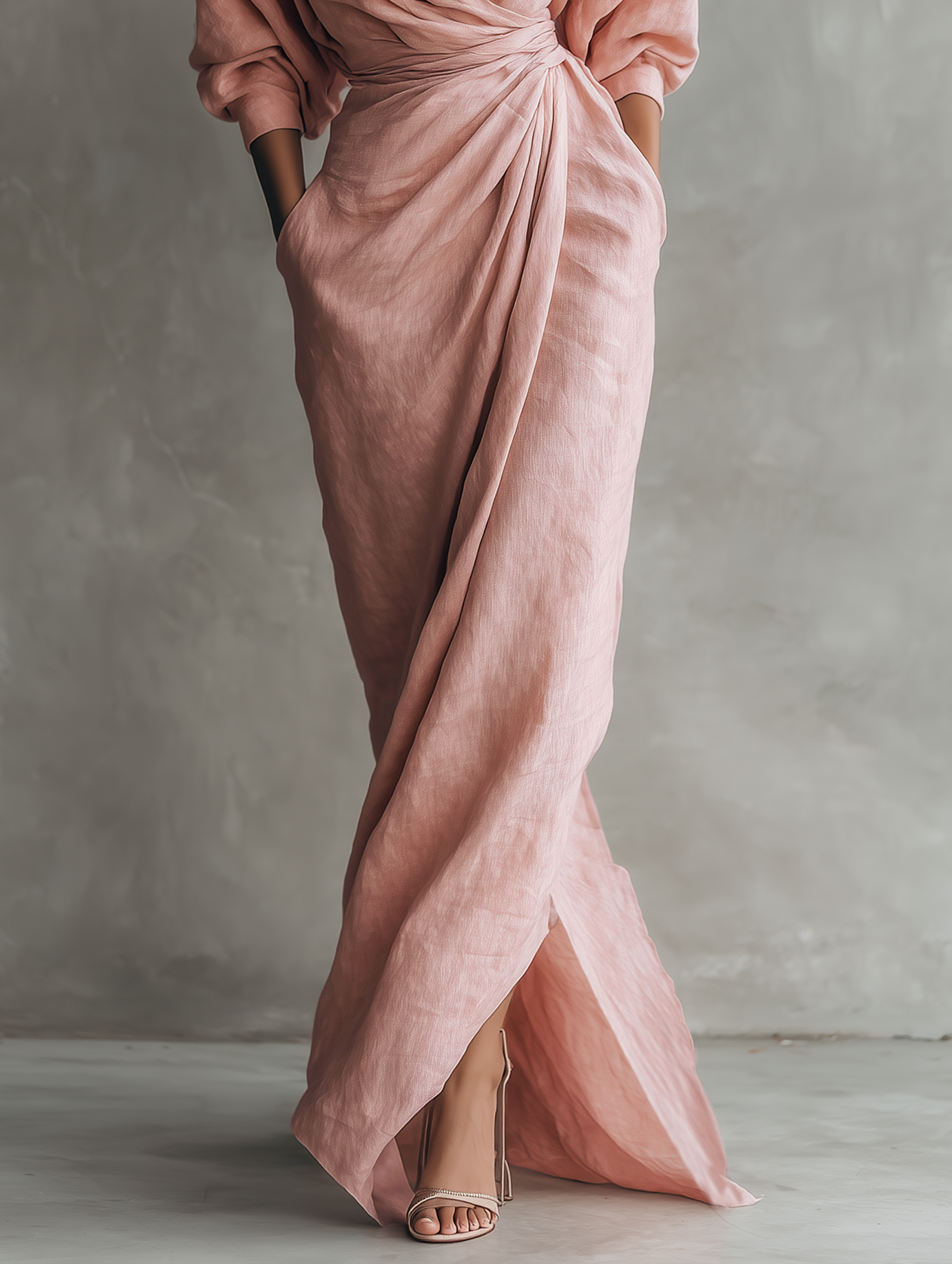 Robes longues minimalistes roses avec décolleté en V en mélange de lin pour femmes