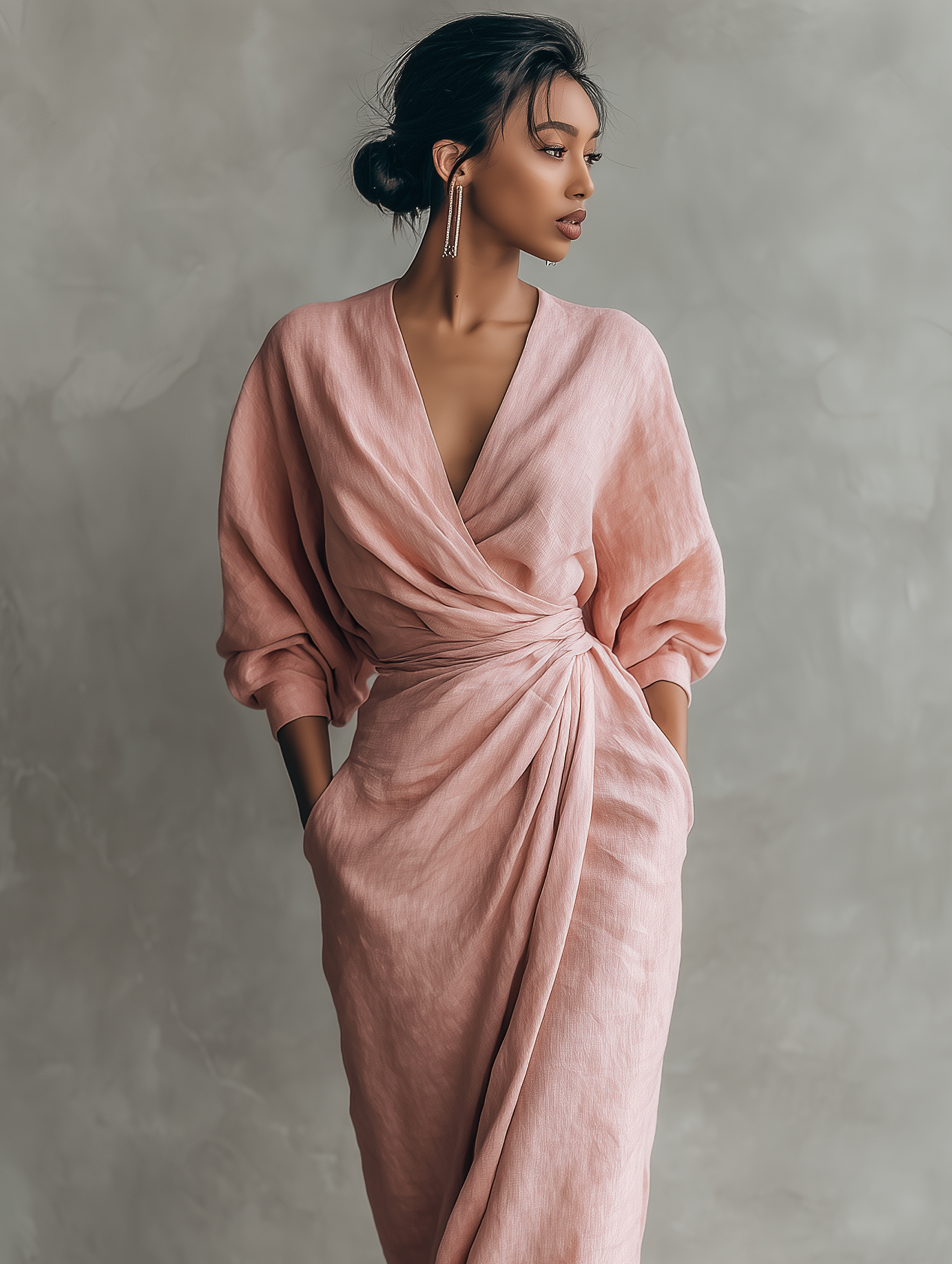 Robe maxi pour femmes en rose minimaliste avec col en V MDA1655L0Y