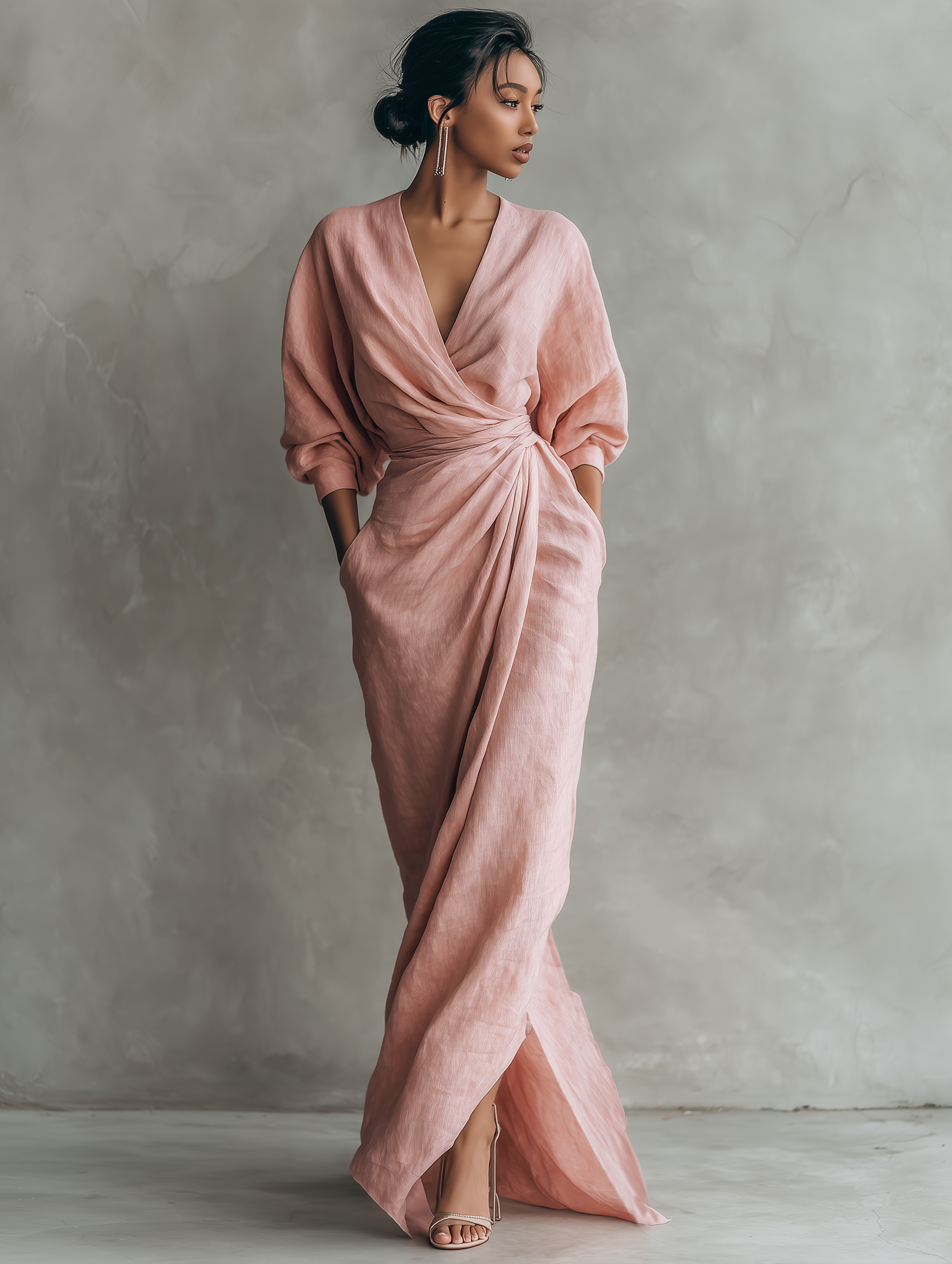 Robes longues minimalistes roses avec décolleté en V en mélange de lin pour femmes