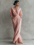 Robe longue minimaliste rose avec col en V en lin pour femmes