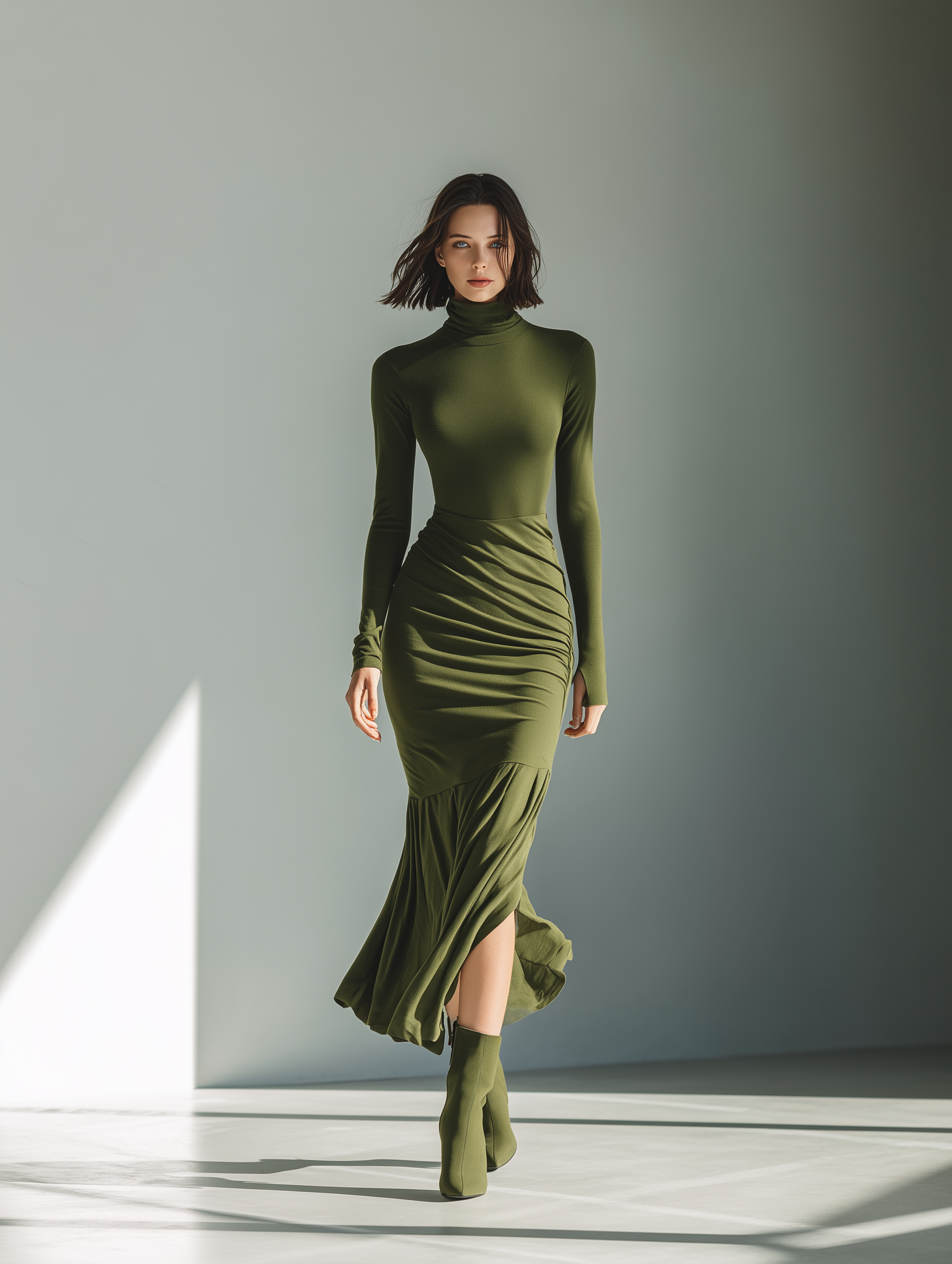 Robe maxi pour femmes en vert militaire avec col haut, tissu extensible et coupe ajustée MDA0556K1T