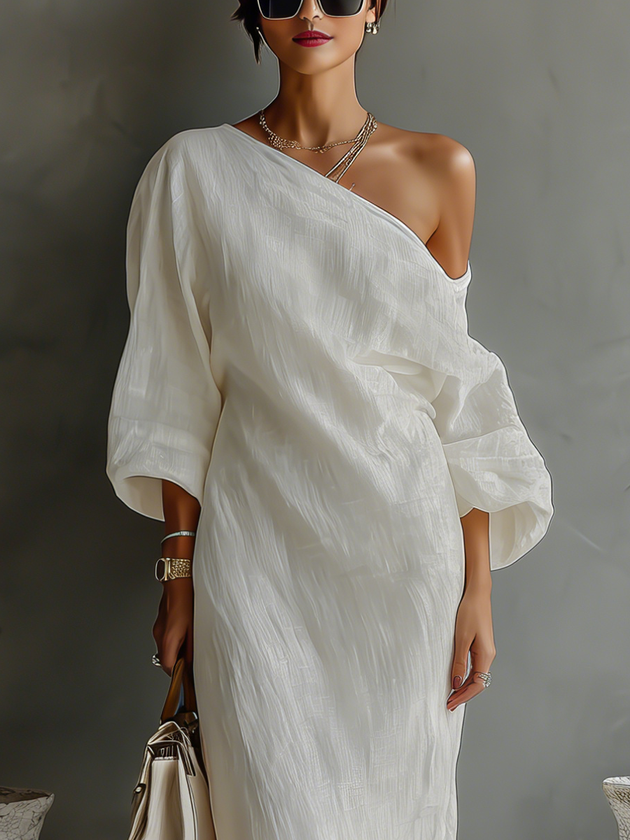 Robes femmes blanc éclatant en mélange de coton-lin avec une épaule