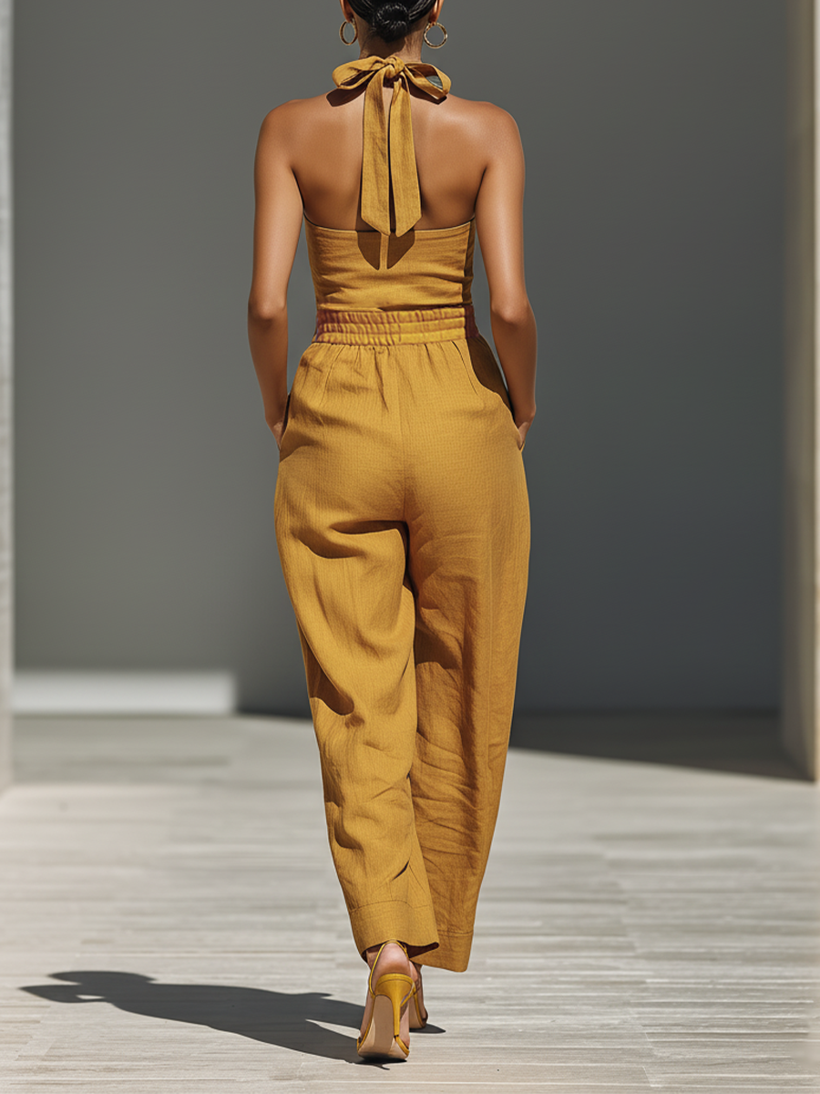 Ensemble femme couleur moutarde avec col croisé et pantalon ample MDZ2808B6T
