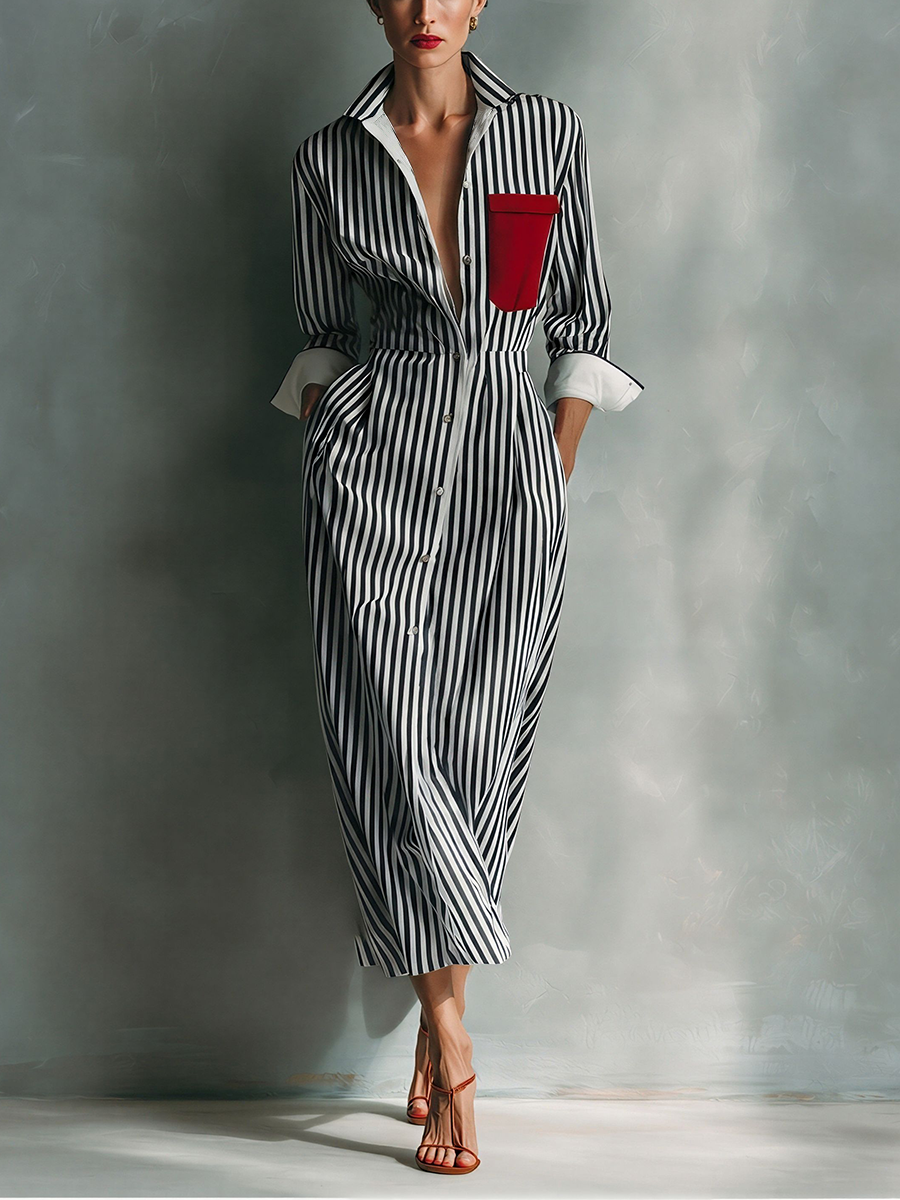 Robes chemises rayées en bleu et blanc pour femmes avec poche poitrine rouge MDZ1286C2T