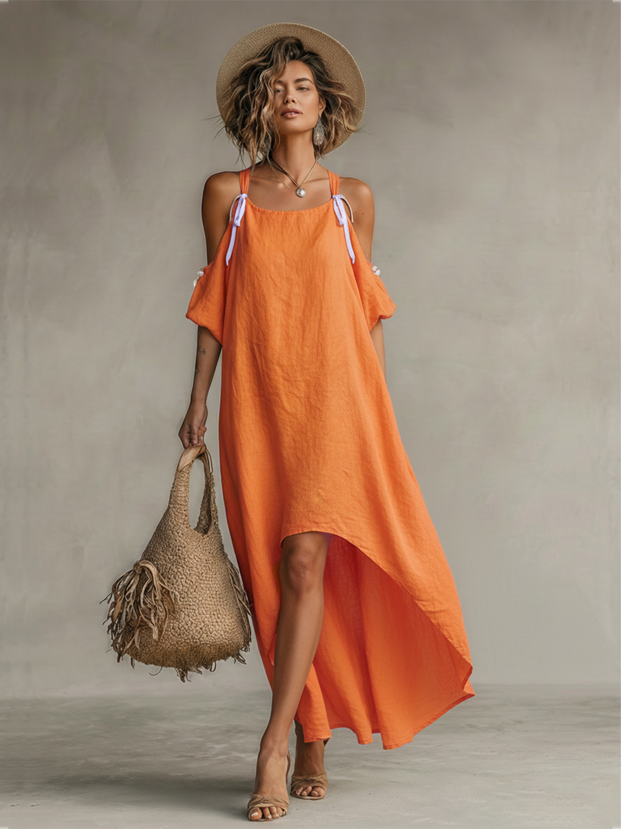Robe en lin Tamer avec épaule dénudée et jupe asymétrique, robe bohème intemporelle MDZ0337C4I