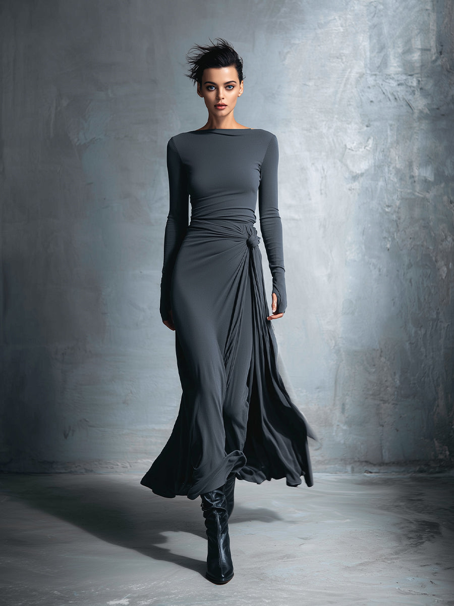Robe maxi femme grise raffinée en tissu stretch - Robe maxi avec nœud MDA1401H9I