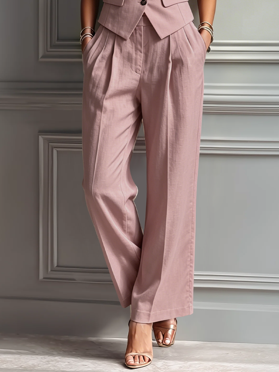 Gilet sans manches en lin rose fumé pour femmes et pantalon large - ensemble deux pièces avec col à rabat MDZ3005A5T