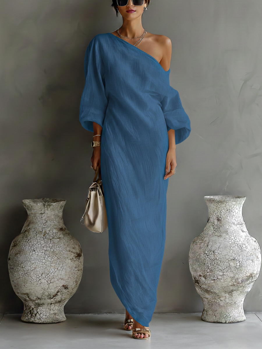 Robes de soirée féminines en couleur crème avec un mélange de coton-lin, à une épaule, fluide et élégante MDA3032K4T