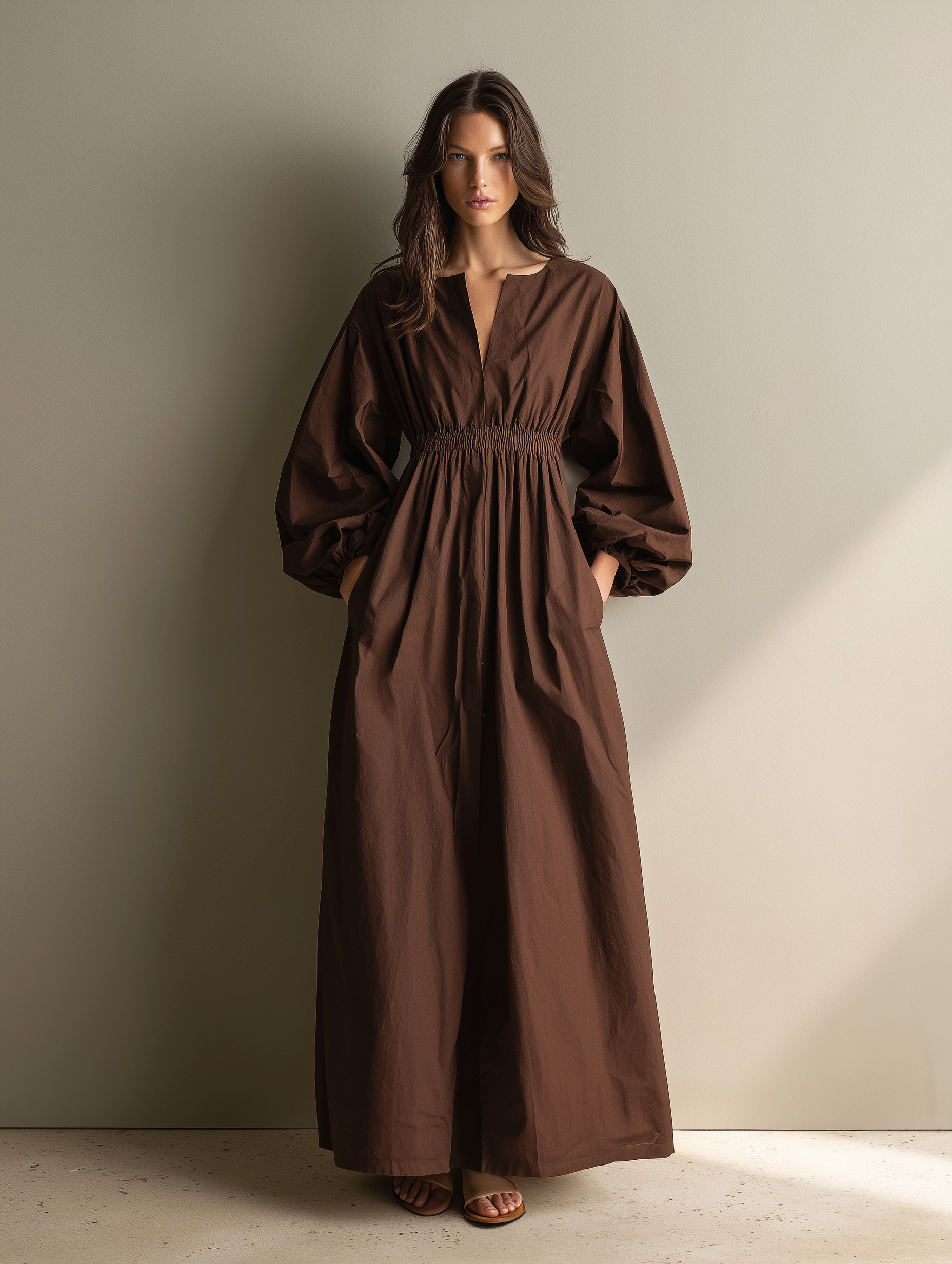 Robes maxi pour femmes en couleur marron en tissu coton et lin avec décolleté en V et manches longues, avec taille élastique MDZ1295A0AN
