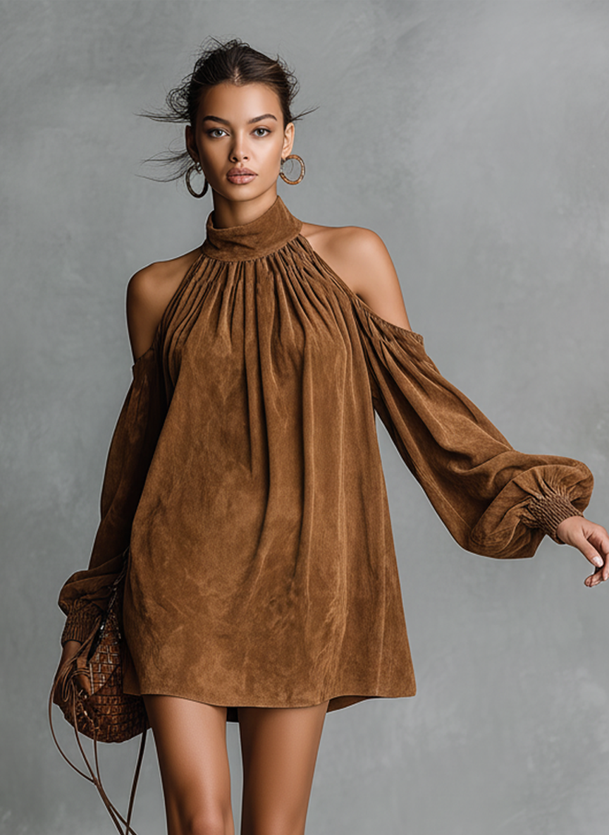 Robe mini pour femmes à coupe ample en simili cuir avec col montant et manches en forme de lanterne MDA3118J4Y