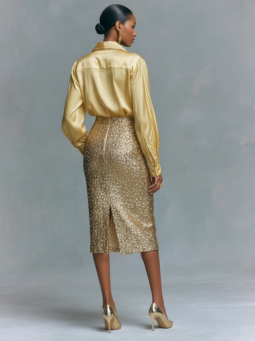 Ensemble de chemise pour femmes à manches longues et jupe crayon avec paillettes MDA2431K6Y