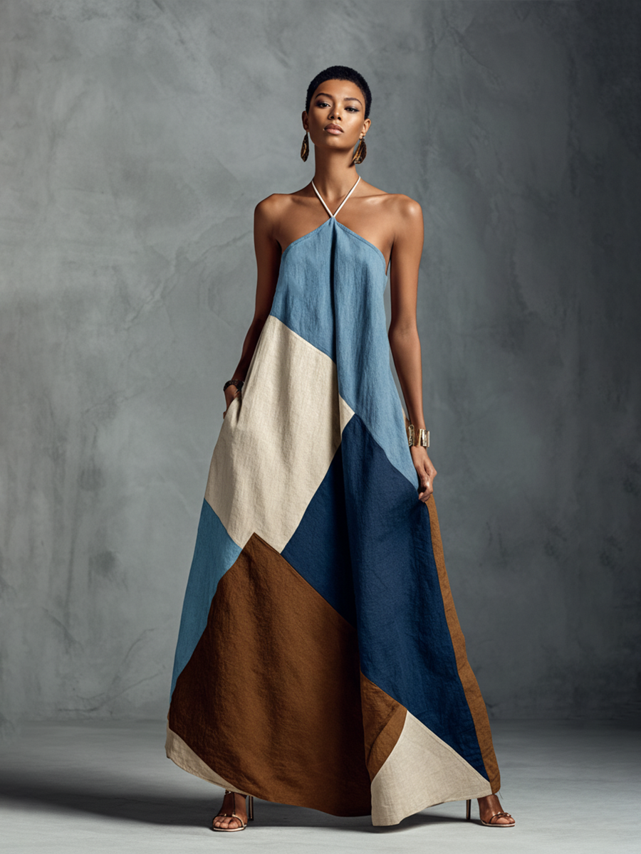 Robe maxi en patchwork de coton et lin mélangé aux couleurs bohémiennes pour femmes MDZ1956C4BA
