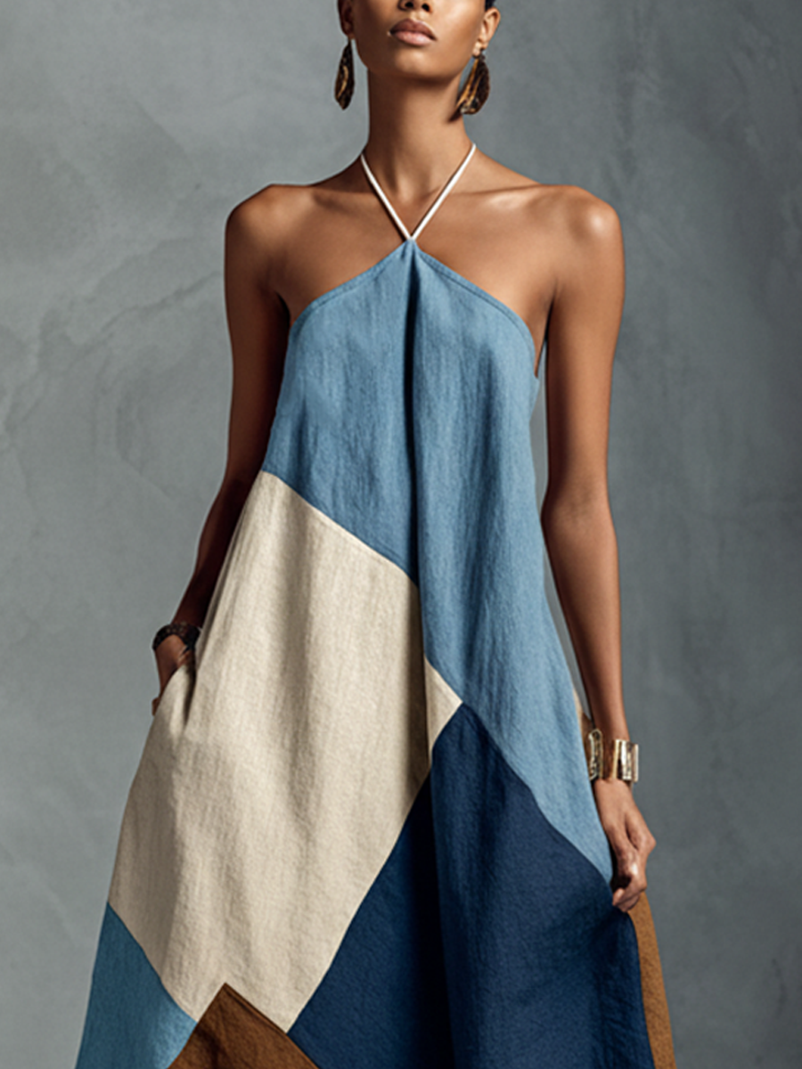 Robe maxi en patchwork de coton et lin mélangé aux couleurs bohémiennes pour femmes MDZ1956C4BA