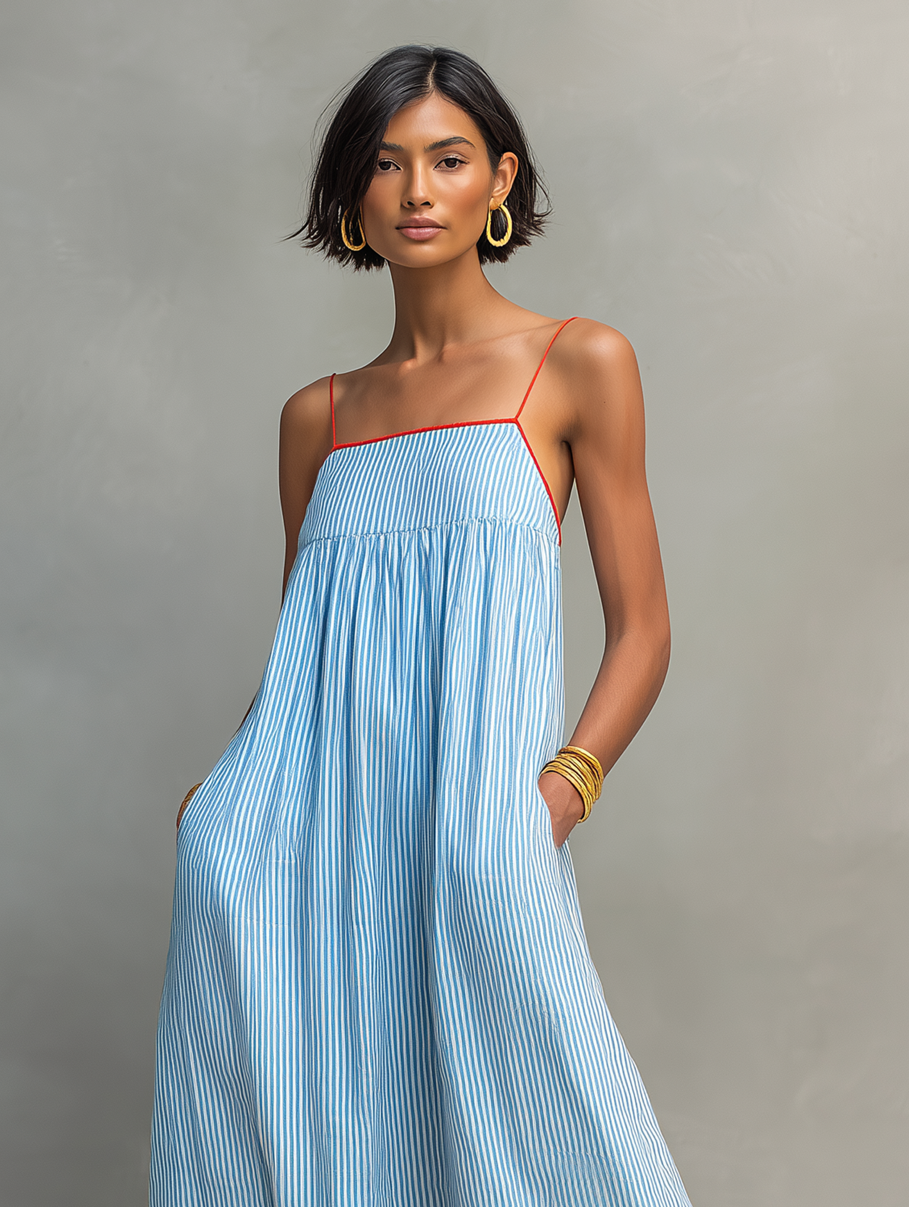 Robe maxi rayée minimaliste pour femmes avec bords rouges et bretelles spaghetti MDZ2710C3Y