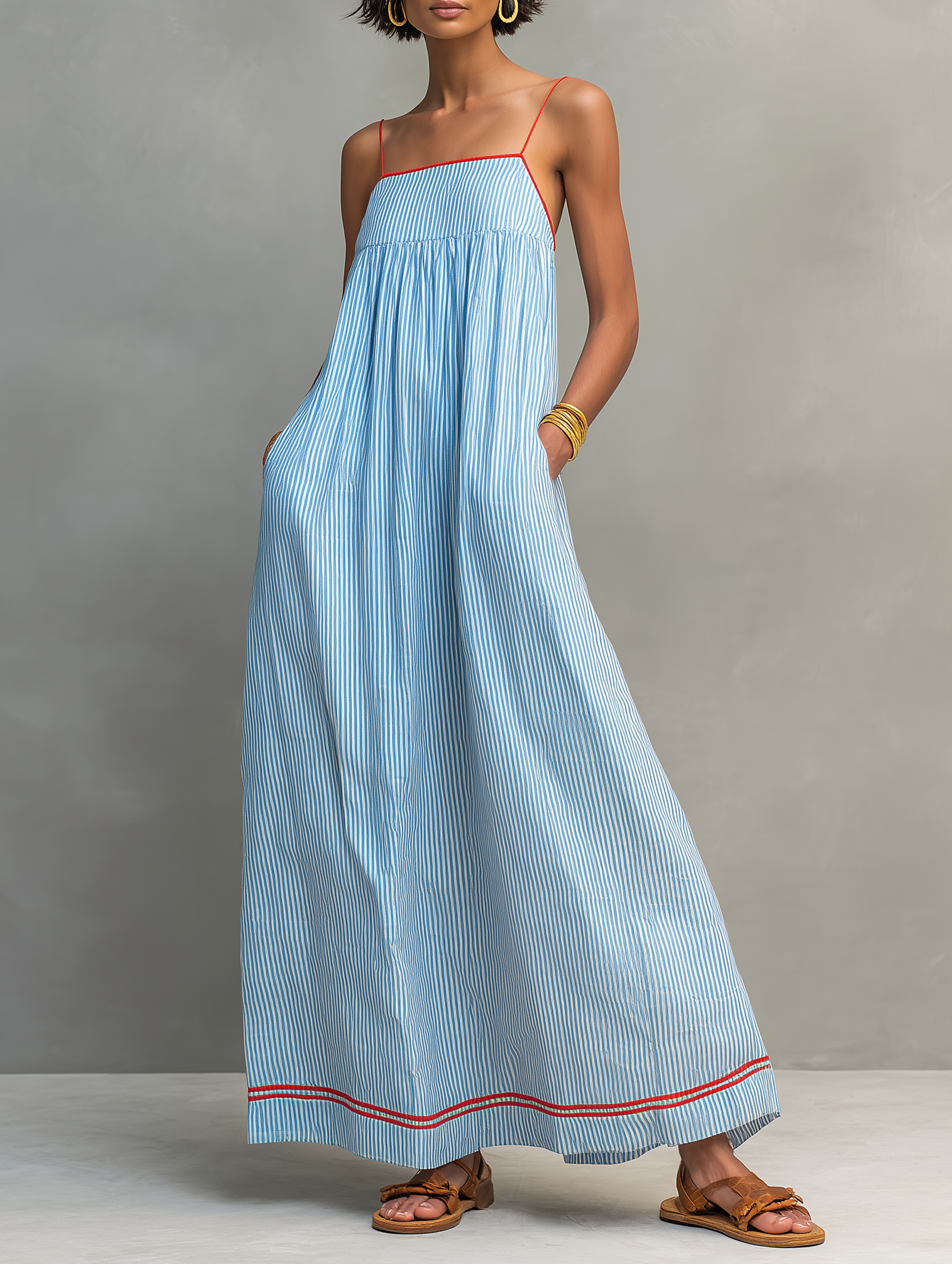 Robe maxi rayée minimaliste pour femmes avec bords rouges et bretelles spaghetti MDZ2710C3Y
