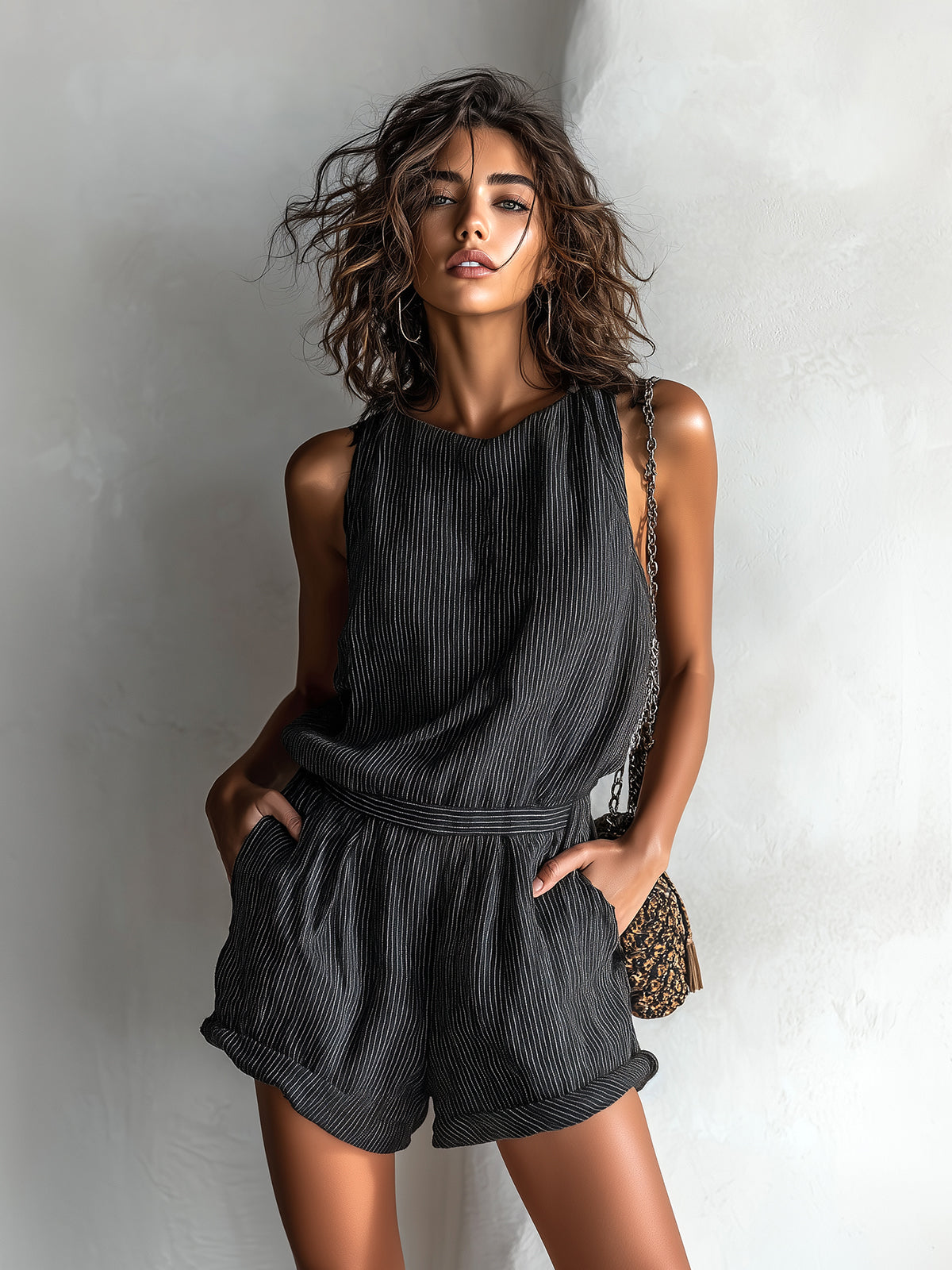 Rompers décontracté ElevenOra en noir avec des rayures en lin