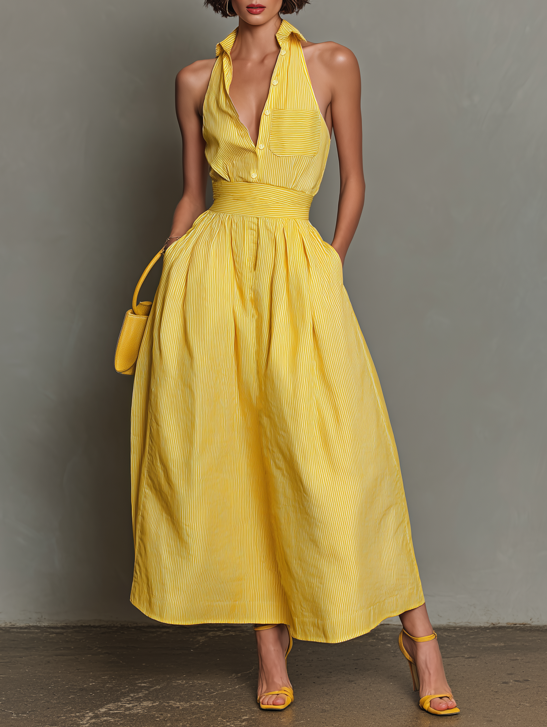 Robe maxi sans manches avec col et rayures pour femmes MDZ1099D5Y