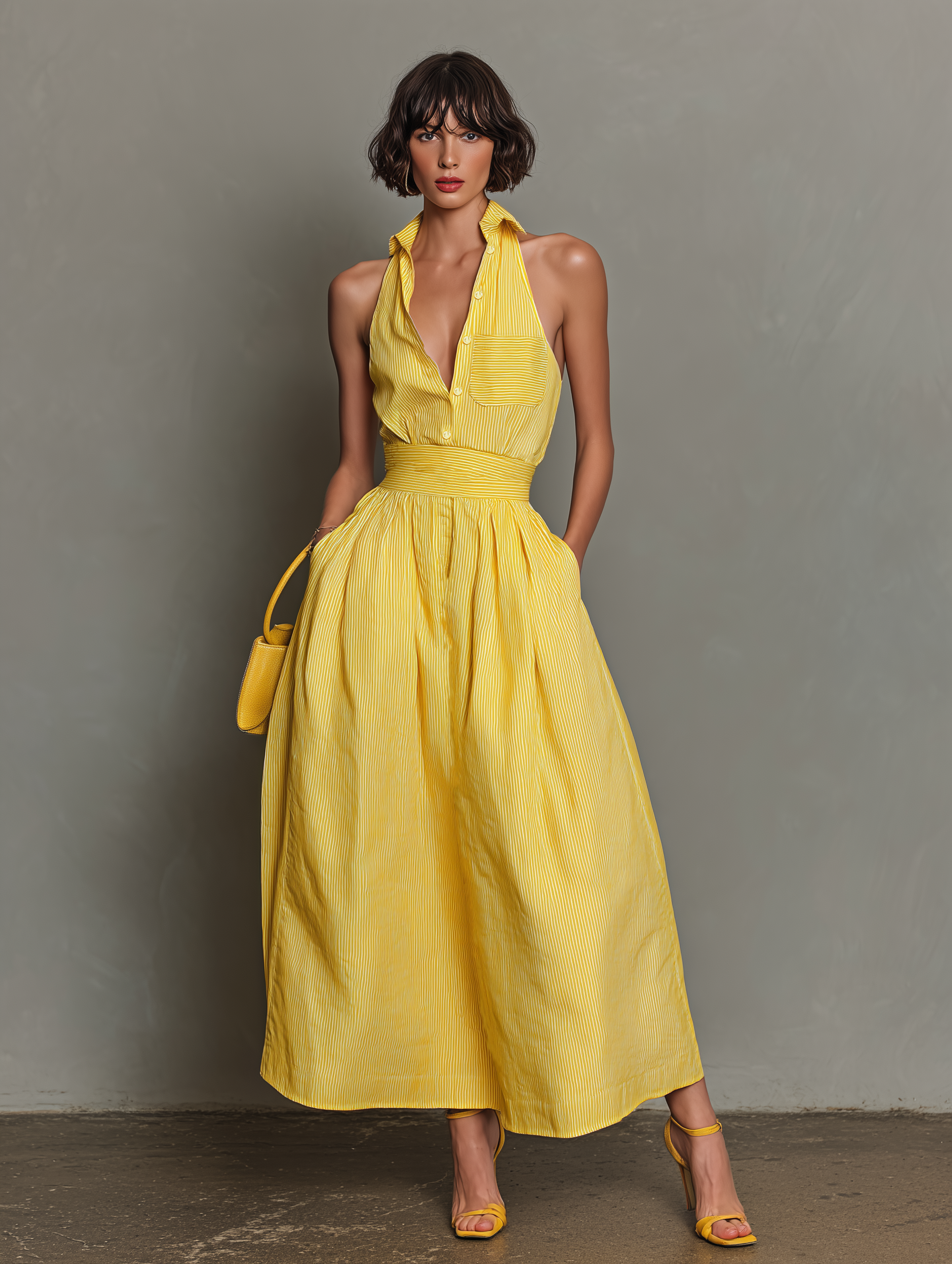 Robe maxi sans manches avec col et rayures pour femmes MDZ1099D5Y