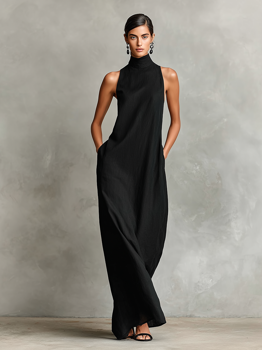 Robe maxi pour femmes en noir avec col haut et poches latérales, robe minimaliste classique MDZ2597D7LYL