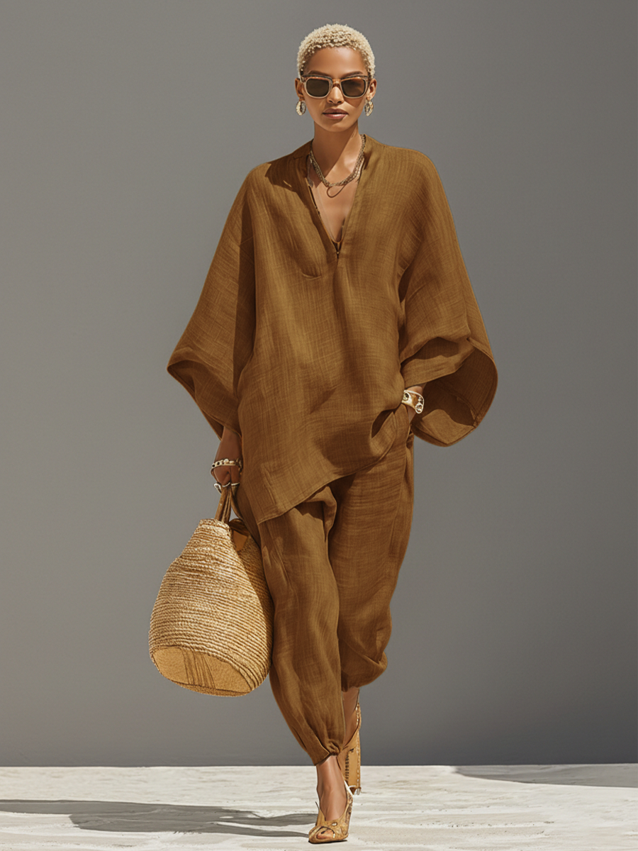 Ensemble en lin neutre pour femmes avec des bords asymétriques et un design minimaliste, style quotidien-élégant sophistiqué MDZ0501B3I