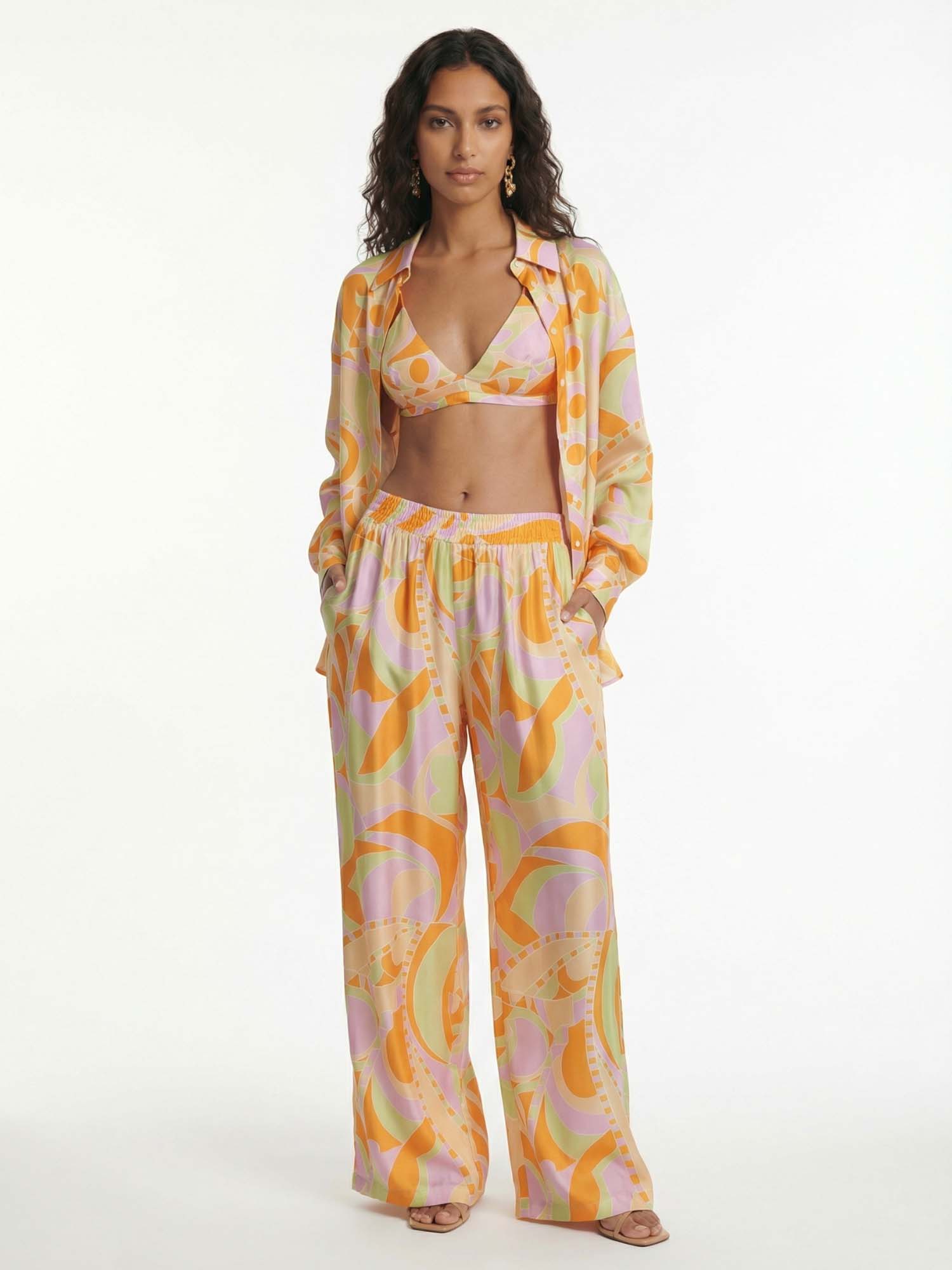 Pantalons larges avec imprimé graphique plage tropicale