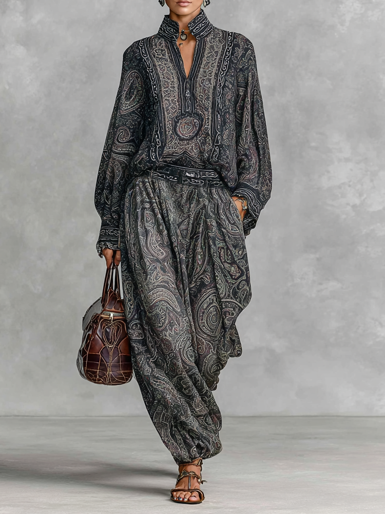 Ensemble chemise et pantalon avec col montant, manches longues et motif paisley vintage pour femmes MDA2558G3Y