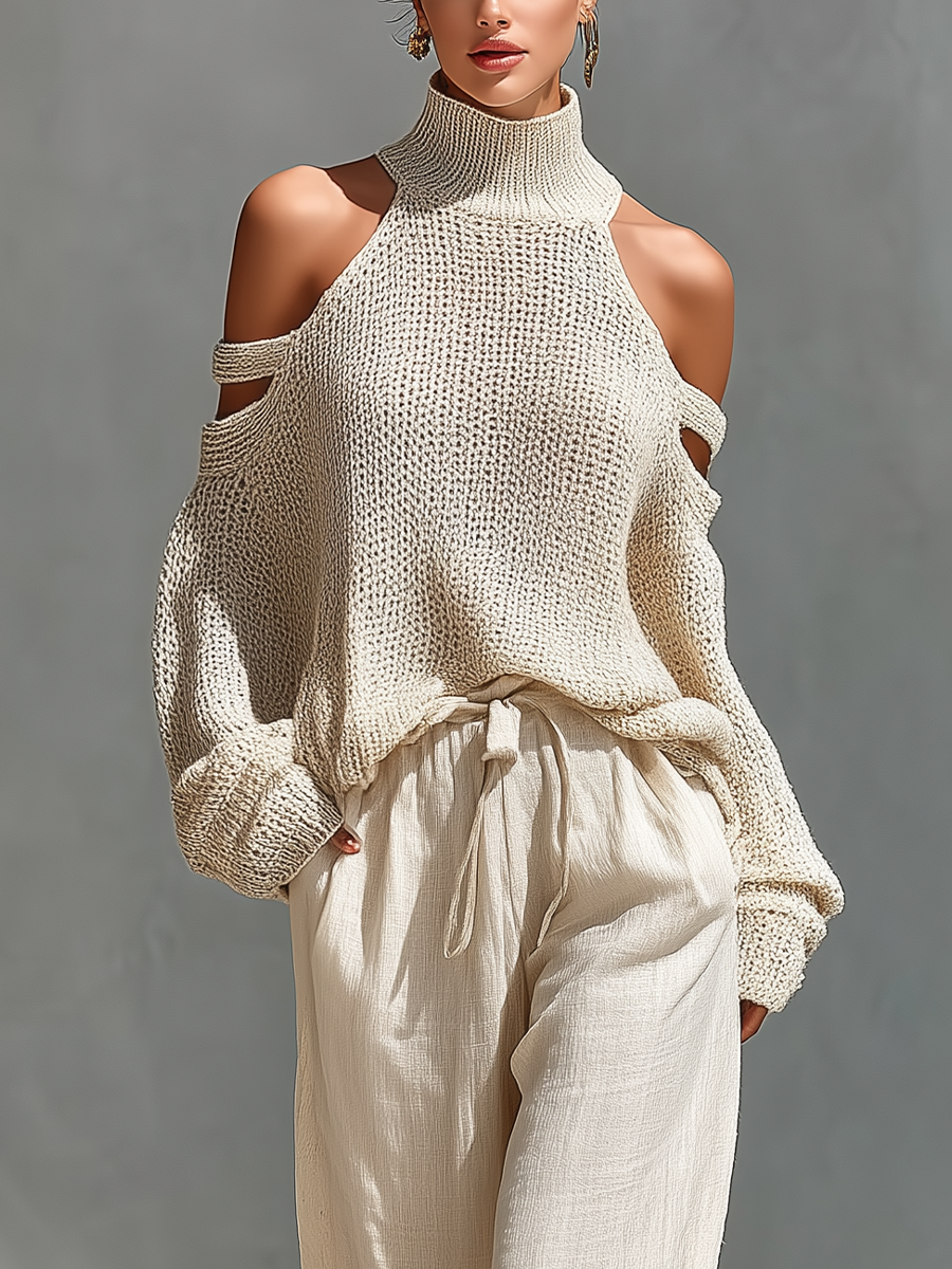 Ensemble top à col montant et bretelles froides en coton beige avec un pantalon large