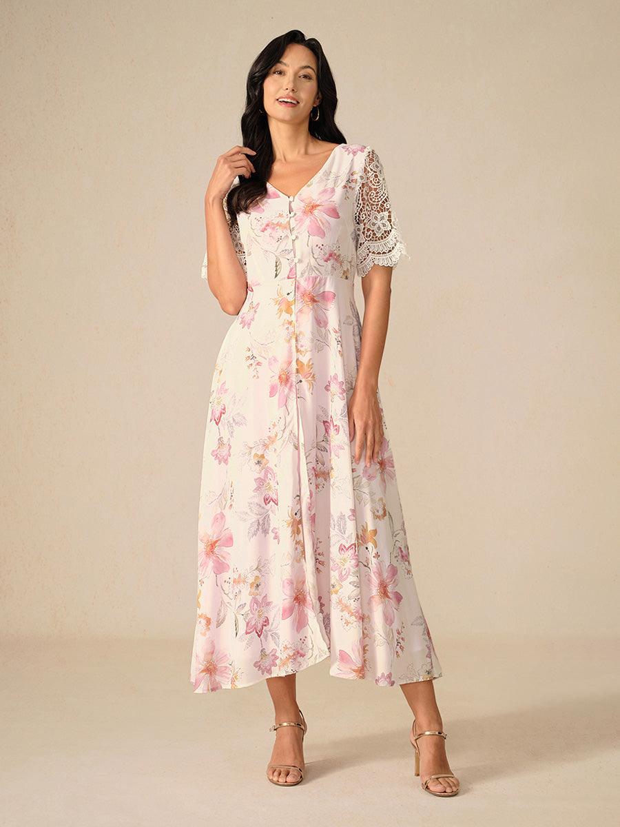 Robe A-Line en chiffon fleuri avec manches en dentelle