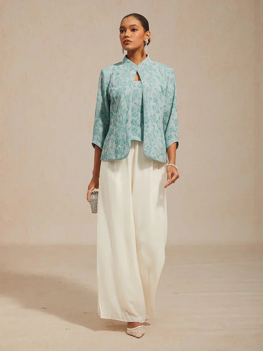 Twinset avec col mandarine et motif zèbre orné de diamants