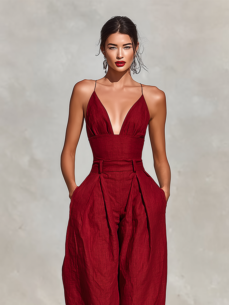 Ensemble en lin rouge pour femmes avec bretelles spaghetti et shorts taille haute, style romantique-éternel élégant MDZ1915C8I